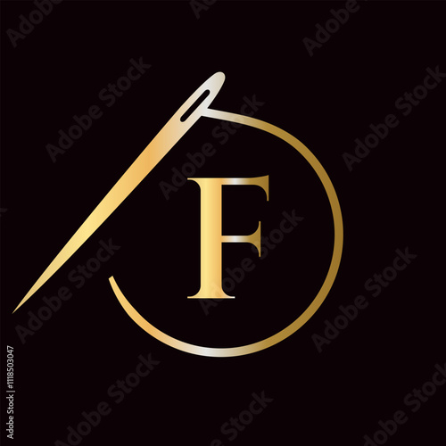 Letter F Tailor Logo, Needle and Thread Logotype for Garment, Embroider, Textile, Fashion, Cloth, Fabric Sign