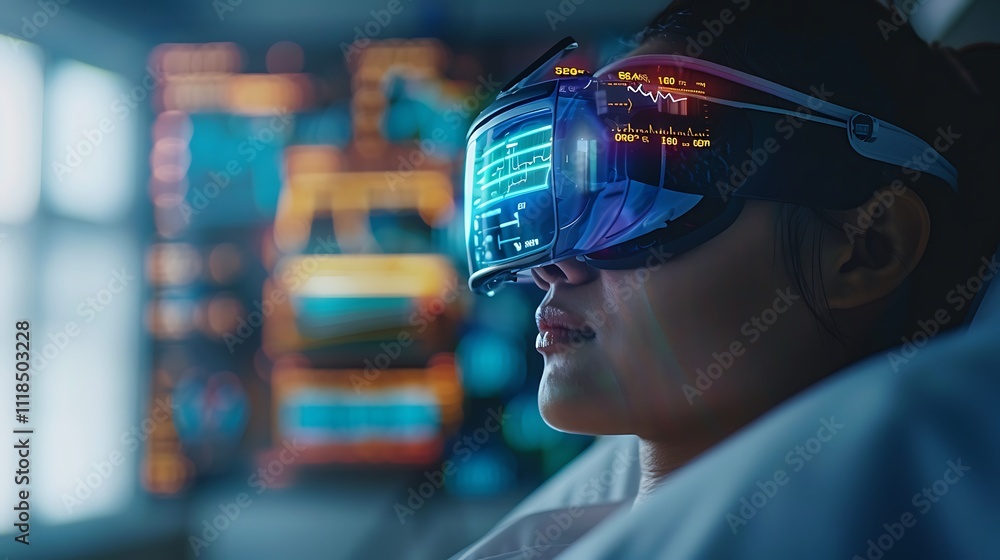 A person wearing VR glasses with glowing displays showing data.
A person wearing VR glasses with glowing displays showing data.