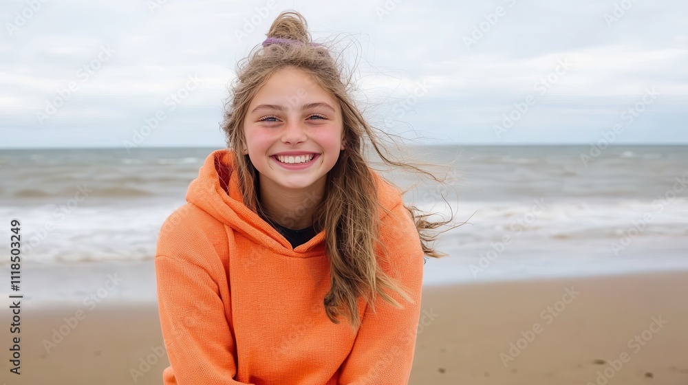 Capturing a young woman beaming with joy, clad in an orange hoodie, standing by the sea shore with her hair gently tousled by the breeze on a cloudy day. Capturing a young woman beaming with joy, clad in an orange hoodie, standing by the sea shore with her hair gently tousled by the breeze on a cloudy day.