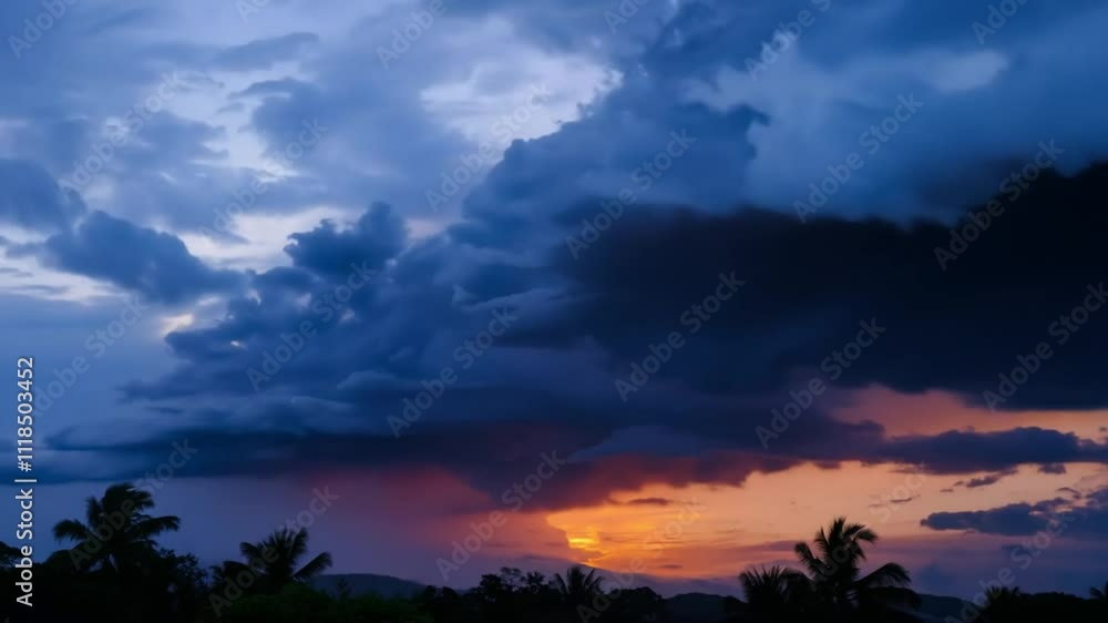 Beautiful sunset over a serene landscape with dramatic clouds and a peaceful sky, evoking tranquility and natural beauty.