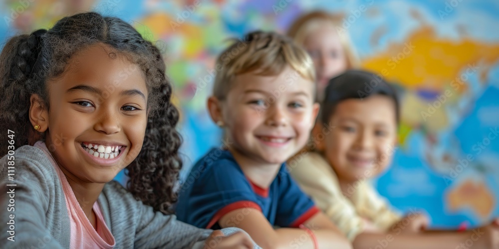 Happy Diverse Children Smiling in Classroom Happy Diverse Children Smiling in Classroom
