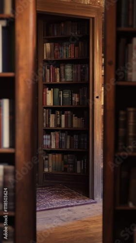 Secret bookcase door leading to hidden room.