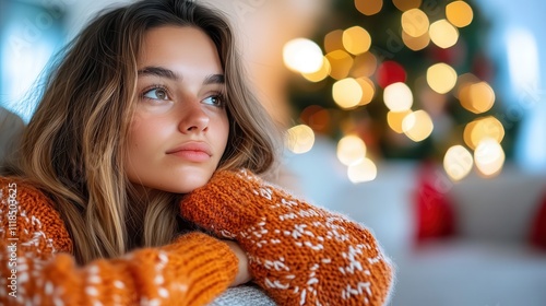 A woman with her arms folded on a sofa, in an orange sweater, gazes dreamily away from the viewer, with blurred Christmas tree lights adding a festive glow. photo