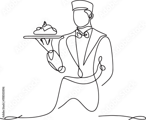 Elegant Line Drawing of a Waiter Carrying a Tray of Food - Minimalist Vector Illustration