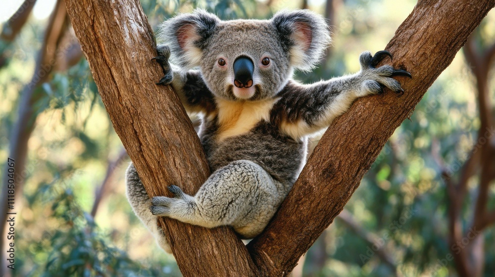 Naklejka premium A koala perched on a tree branch, showcasing its cute expression in a natural setting.