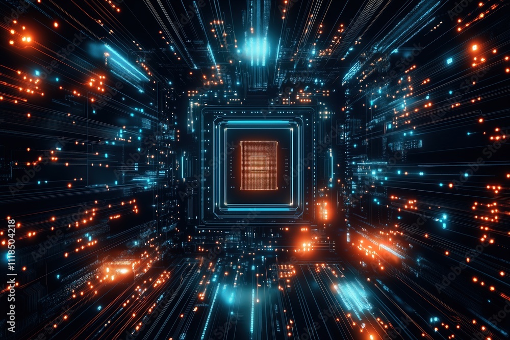 Concept CPU microchip for ai and data network. Close-up view of modern chip gpu card with neon lights