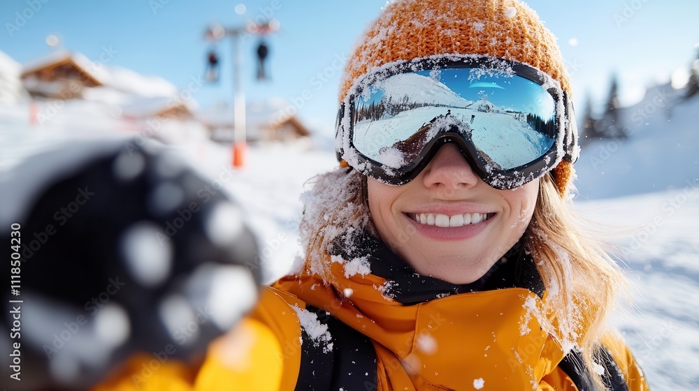 A skier captures a close-up selfie with snow-covered goggles reflecting a breathtaking mountain view, showcasing winter sports and adventure on the slopes. A skier captures a close-up selfie with snow-covered goggles reflecting a breathtaking mountain view, showcasing winter sports and adventure on the slopes.