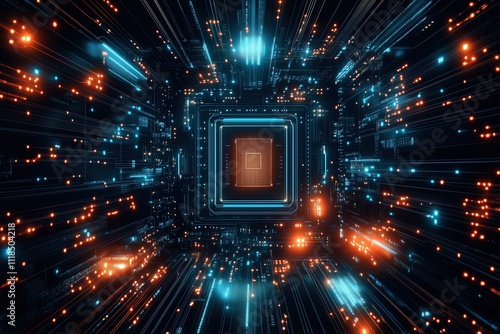 Obraz na płótnie Concept CPU microchip for ai and data network. Close-up view of modern chip gpu card with neon lights w salonie