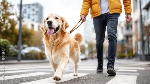 This image captures a cheerful Golden Retriever striding confidently along a crosswalk on a busy city street, conveying happiness and companionship with a human. photo