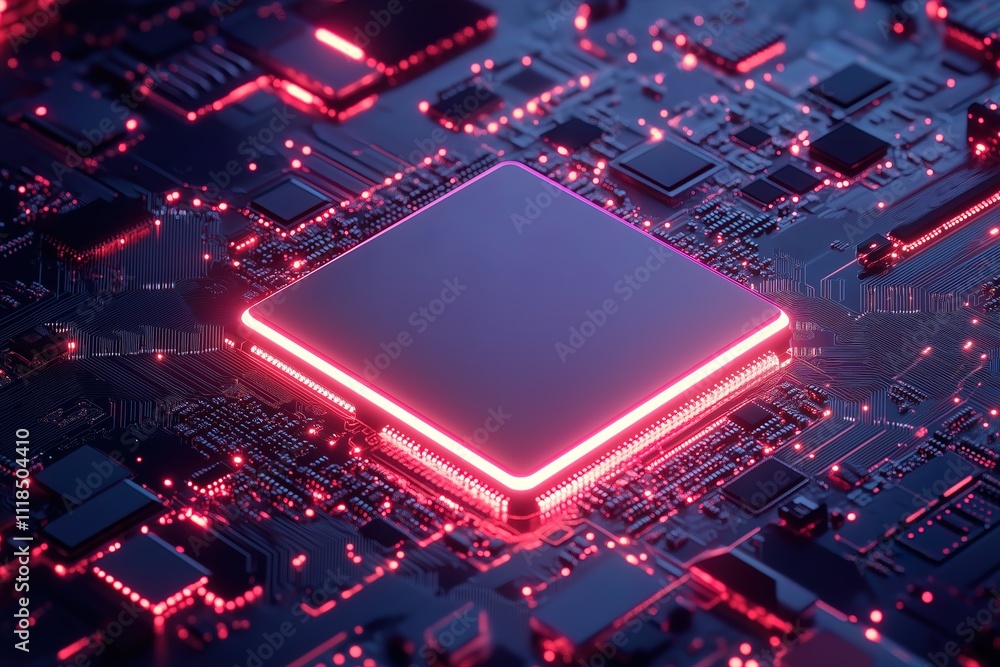 Concept CPU microchip for ai and data network. Close-up view of modern chip gpu card with neon lights Concept CPU microchip for ai and data network. Close-up view of modern chip gpu card with neon lights