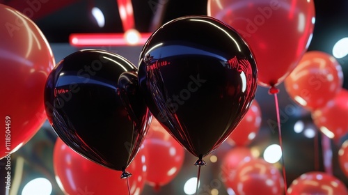 Entwined black balloons with red balloon backdrop photo