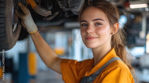 A smiling female mechanic in a yellow uniform works on a vehicle's undercarriage, emphasizing a positive attitude and dedication to her craft. photo