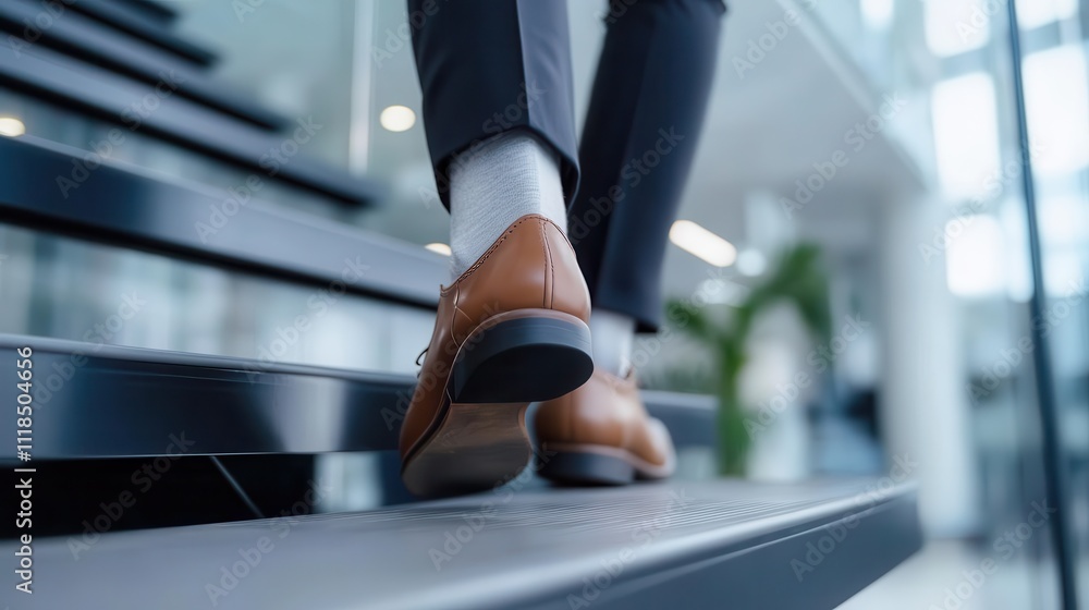 Close-up of a person wearing stylish brown shoes, climbing a staircase in a sleek, modern environment, with gray pants and a crisp atmosphere featuring some plants. Close-up of a person wearing stylish brown shoes, climbing a staircase in a sleek, modern environment, with gray pants and a crisp atmosphere featuring some plants.
