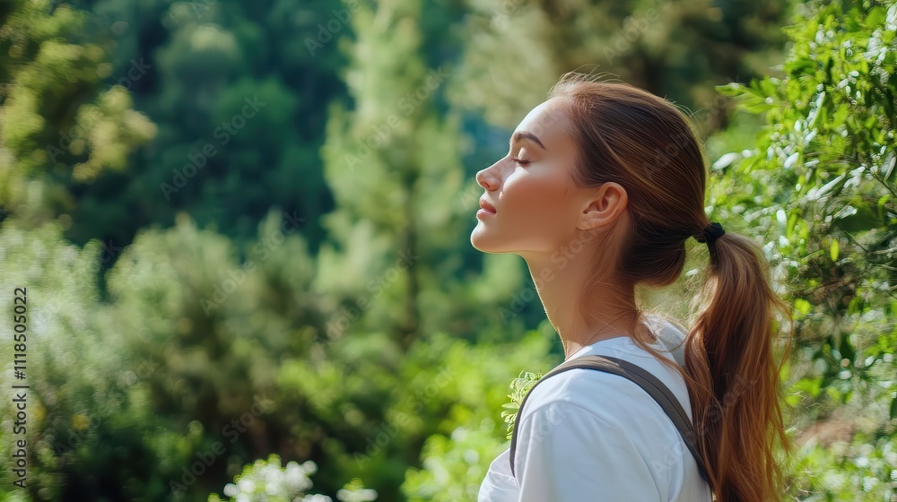 A woman stands with eyes closed, immersed in the peacefulness of a forest, capturing a moment of mindfulness and connection with the natural world. A woman stands with eyes closed, immersed in the peacefulness of a forest, capturing a moment of mindfulness and connection with the natural world.