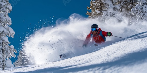 A breathtaking action shot of a skier carving through fresh snow on a sunny winter day in a pristine mountain landscape photo