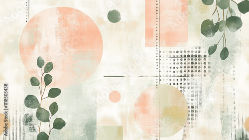 A soft and pastel color scheme background with geometric shapes, boho patterns
