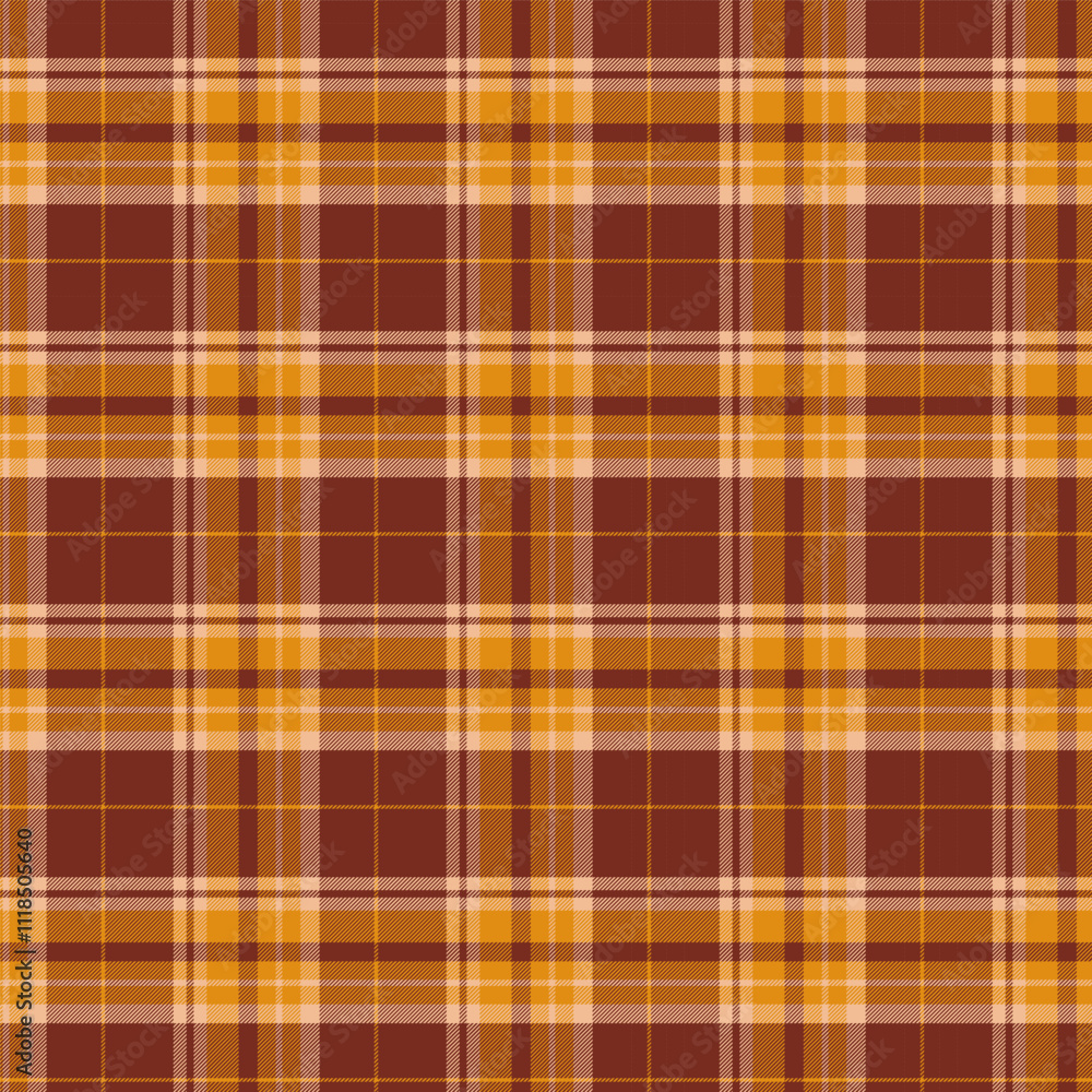 Obraz premium Plaid with twill weave repeat pattern.Checkered tartan gingham seamless pattern in brown.Geometric graphic vector illustration background design for fabric and prints.