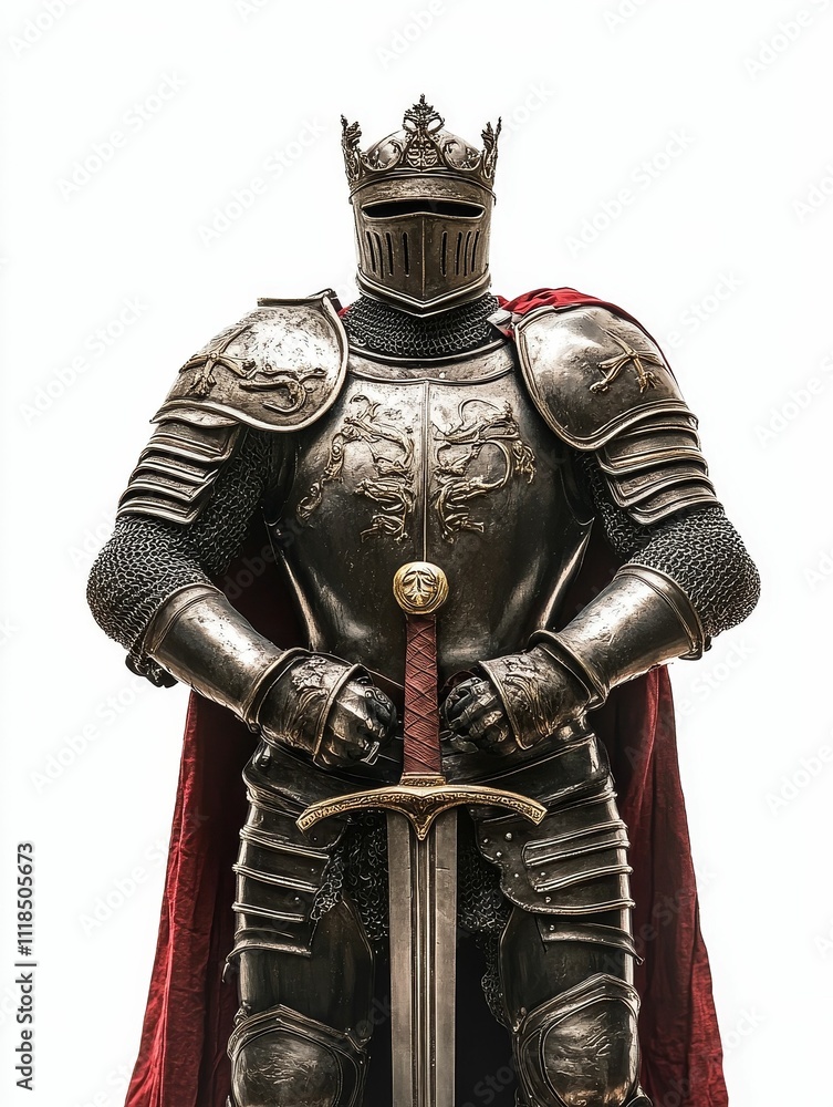 Crowned knight, full armor, holding sword. Crowned knight, full armor, holding sword.