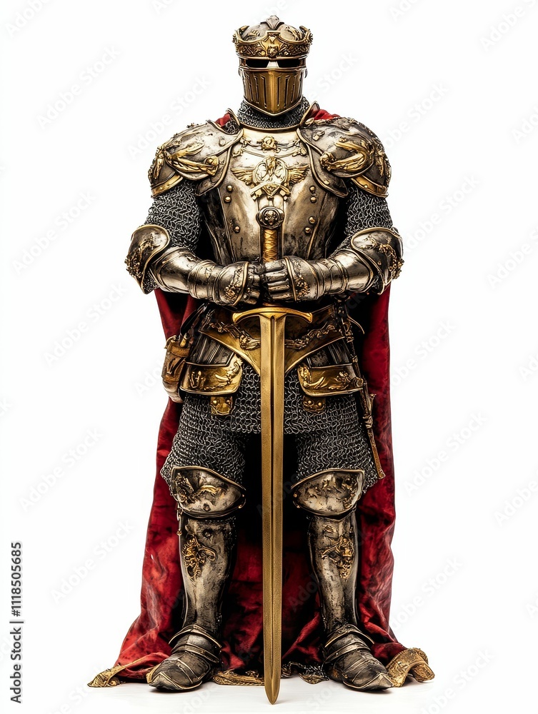 Fototapeta premium Ornate knight, sword, red cloak, regal armor.