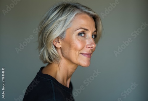 A woman with short, gray hair smiles softly as she looks to the side.