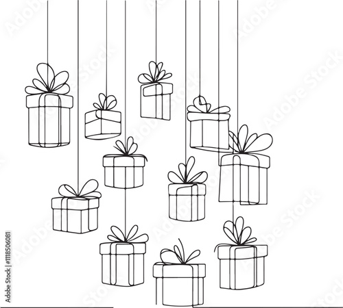 Line Art of Hanging Gift Boxes on White Background