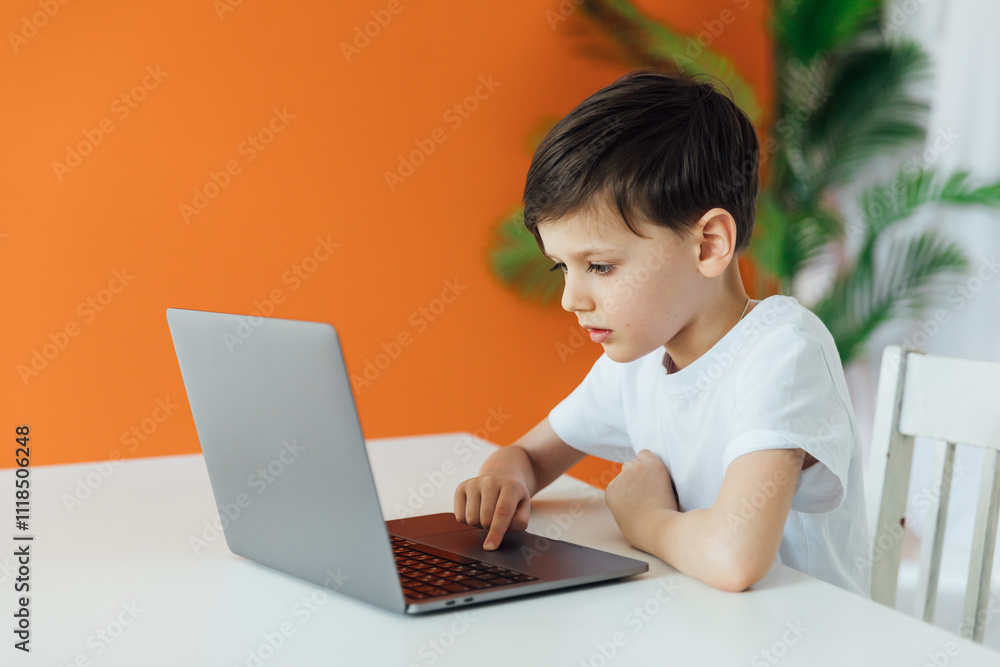 Boy Studying Playing On Laptop Online At Table Boy Studying Playing On Laptop Online At Table