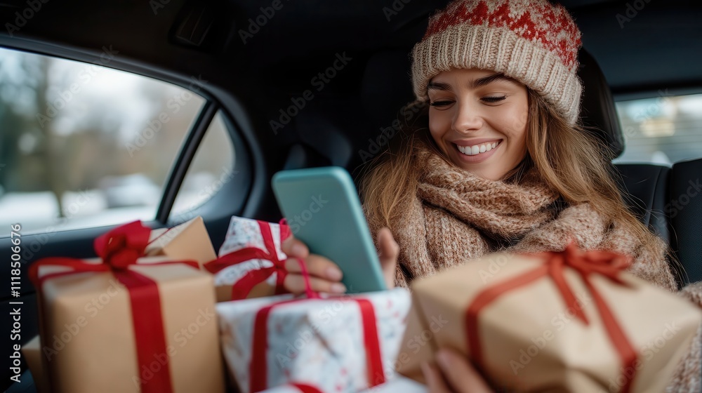 Seated in a car, a woman enjoys her phone, surrounded by a festive pile of wrapped presents, elegantly adorned in winter attire, evoking joy and contentment. Seated in a car, a woman enjoys her phone, surrounded by a festive pile of wrapped presents, elegantly adorned in winter attire, evoking joy and contentment.