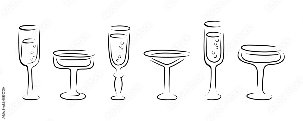 Set of glasses of different shapes outline silhouette. Set of glasses of different shapes outline silhouette.
