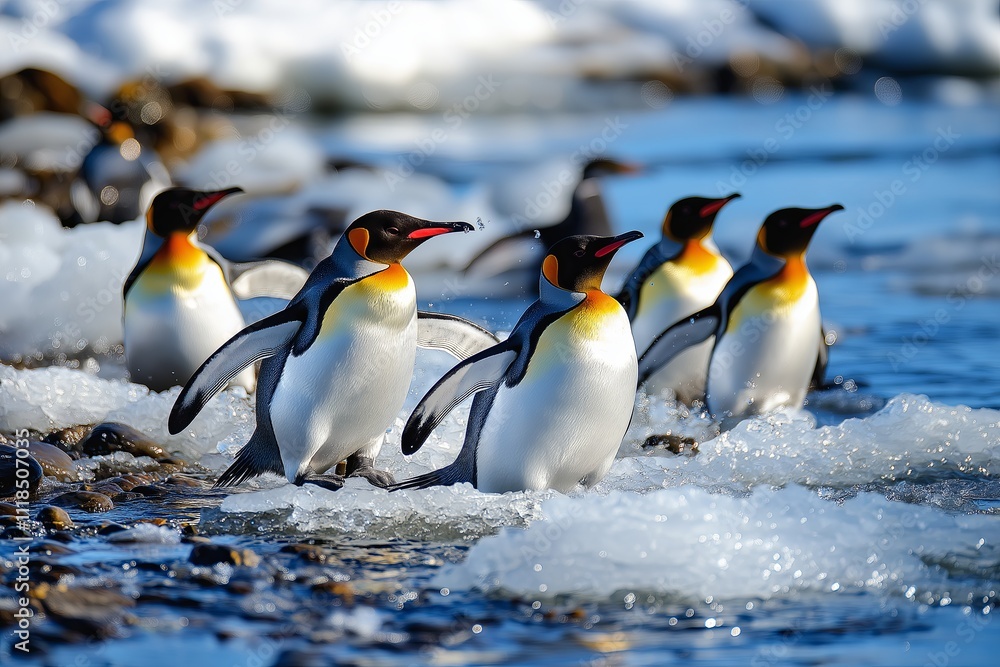 Obraz premium A group of penguins waddling on an icy landscape near the ocean