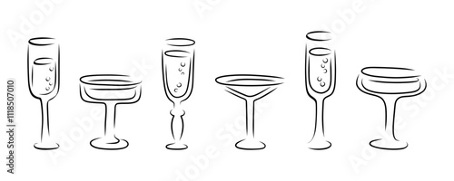 Set of glasses of different shapes outline silhouette. 