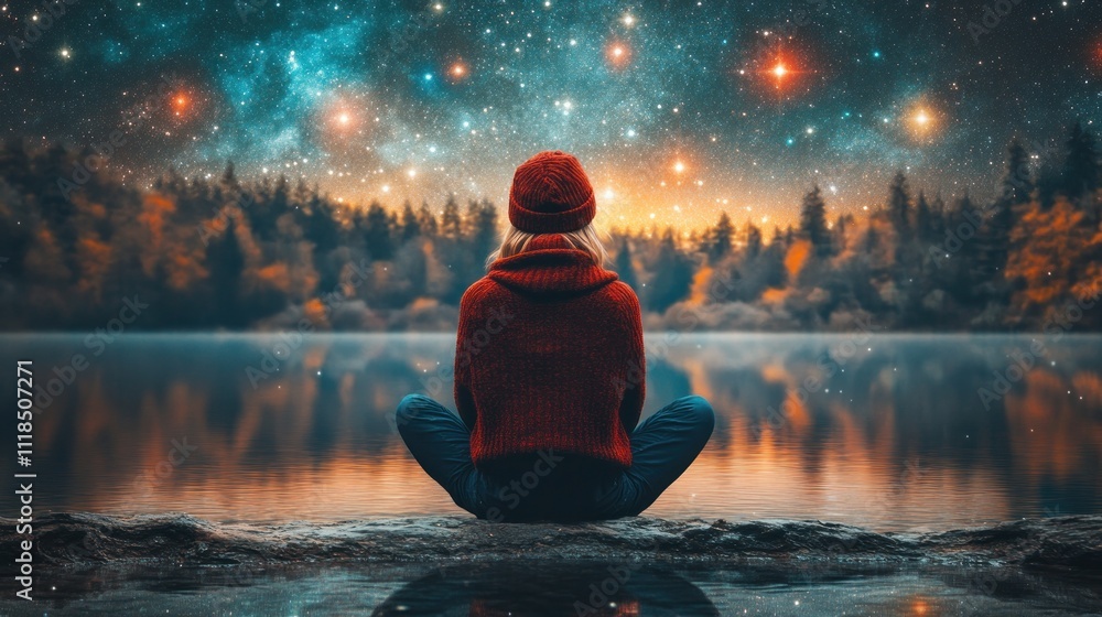 Woman meditates by lake under starry night sky. Woman meditates by lake under starry night sky.