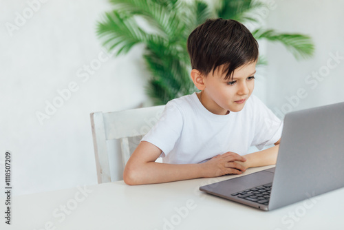 Boy Studying Playing On Laptop Online At Table