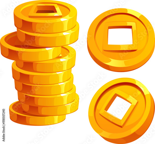 Stack of shiny golden Chinese coins with square holes in center, symbolizing prosperity, wealth and good fortune, used in lunar new year holiday celebration or feng shui for attracting positive energy