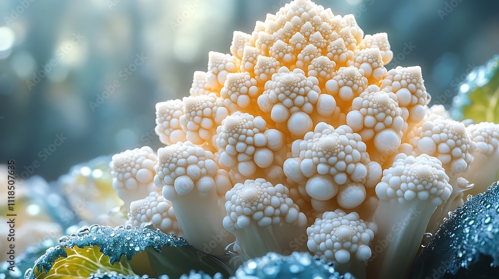 Artistic featuring fresh cauliflower styled with detailed green leaves in vibrant close up picture Artistic featuring fresh cauliflower styled with detailed green leaves in vibrant close up picture