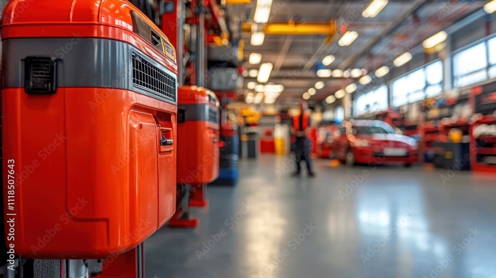 Fototapeta premium Red Automotive Equipment in a Blurred Garage Setting