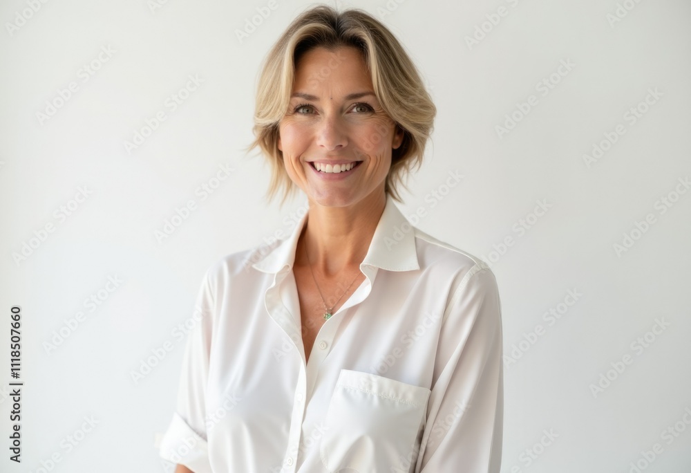 Smiling woman in white shirt against a white background Smiling woman in white shirt against a white background