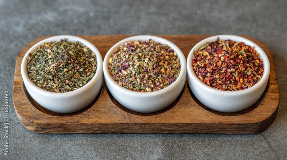 Three Aromatic Herb Blends in White Bowls on Wooden Tray Three Aromatic Herb Blends in White Bowls on Wooden Tray
