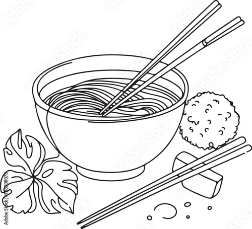 Minimalist Line Drawing of Ramen Bowl with Chopsticks Delicious Asian Cuisine Design on White Background