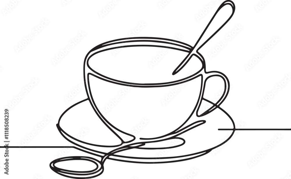 Minimalist Line Drawing of Coffee Cup with Spoon on White Background - Elegant Art Minimalist Line Drawing of Coffee Cup with Spoon on White Background - Elegant Art