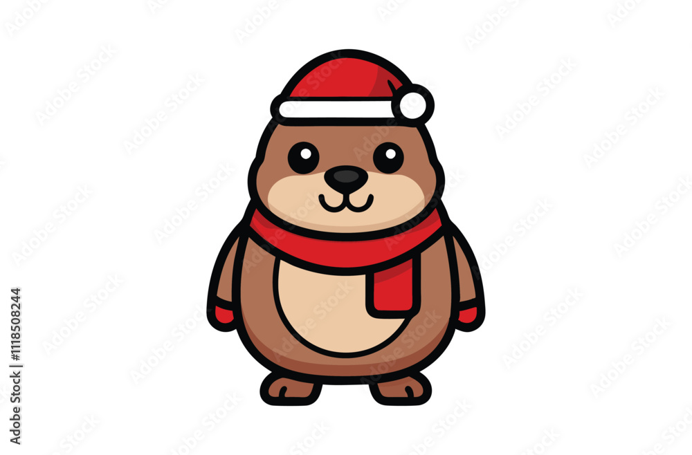 Obraz premium A cute cartoon groundhog wearing a Santa hat & scarf vector illustration