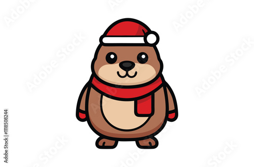 A cute cartoon groundhog wearing a Santa hat & scarf vector illustration