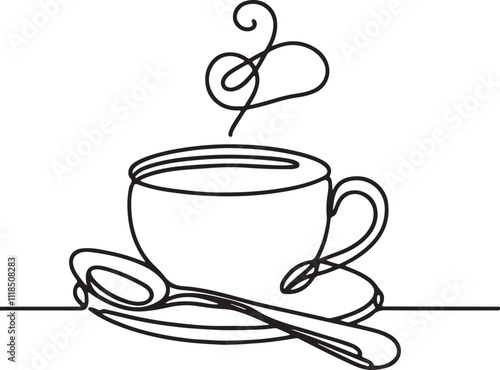 Minimalist Line Drawing of Coffee Cup with Spoon on White Background - Elegant Art