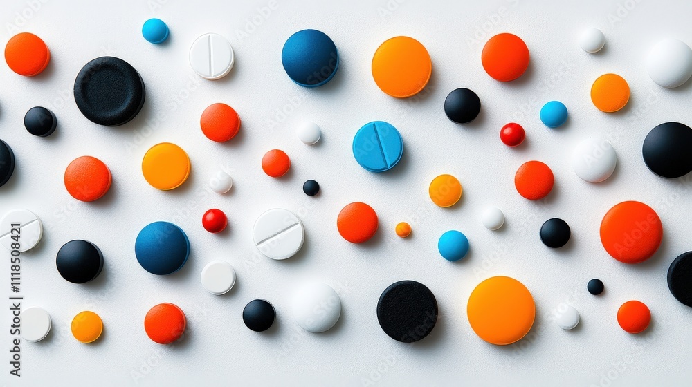 A vibrant assortment of pills and capsules, featuring bold colors and diverse shapes, arranged chaotically on a white table A vibrant assortment of pills and capsules, featuring bold colors and diverse shapes, arranged chaotically on a white table