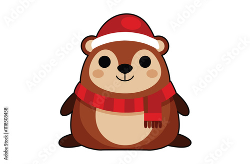 A cute cartoon groundhog wearing a Santa hat & scarf vector illustration