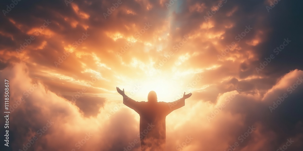 Angel appearing in the sky over clouds at sunset Angel appearing in the sky over clouds at sunset