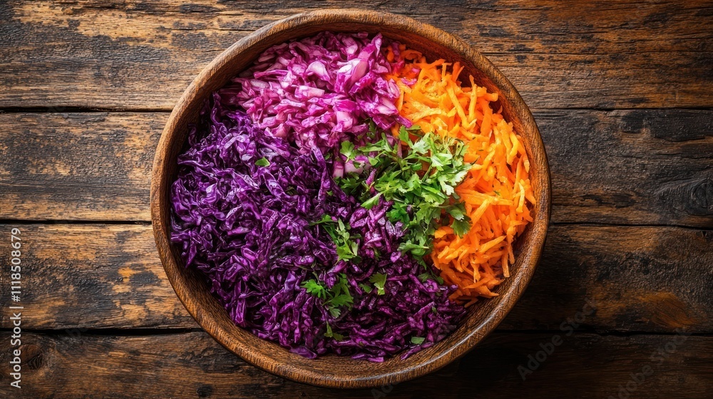 Wooden bowl filled with colorful chopped vegetables, red cabbage, carrots, and fresh cilantro. Healthy salad ingredients, ready to be mixed. Wooden bowl filled with colorful chopped vegetables, red cabbage, carrots, and fresh cilantro. Healthy salad ingredients, ready to be mixed.