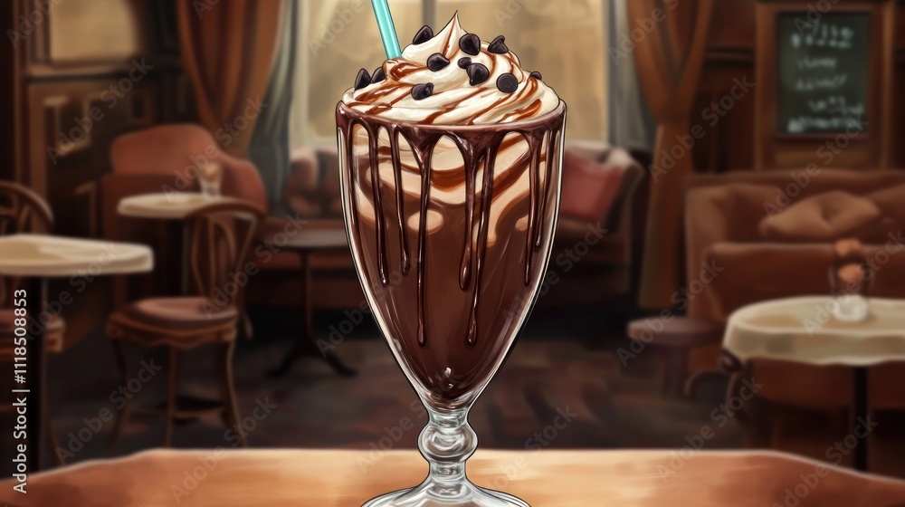 A delicious chocolate dessert topped with whipped cream and chocolate drizzle in a cozy caf?. A delicious chocolate dessert topped with whipped cream and chocolate drizzle in a cozy caf?.