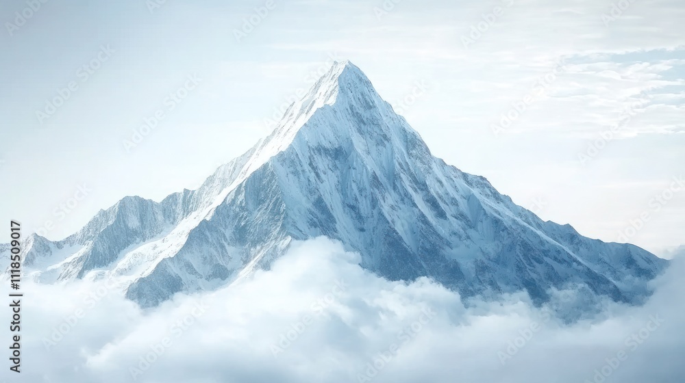 A majestic snow-capped mountain rises above soft clouds in a serene landscape. A majestic snow-capped mountain rises above soft clouds in a serene landscape.