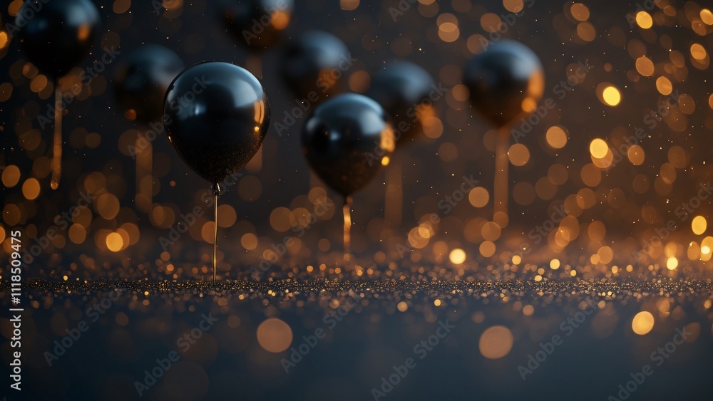 Ethereal Black Friday & New Year's Eve, Opulent Inky Black Background with Luminous Black Balloons and Golden Glitter Ethereal Black Friday & New Year's Eve, Opulent Inky Black Background with Luminous Black Balloons and Golden Glitter