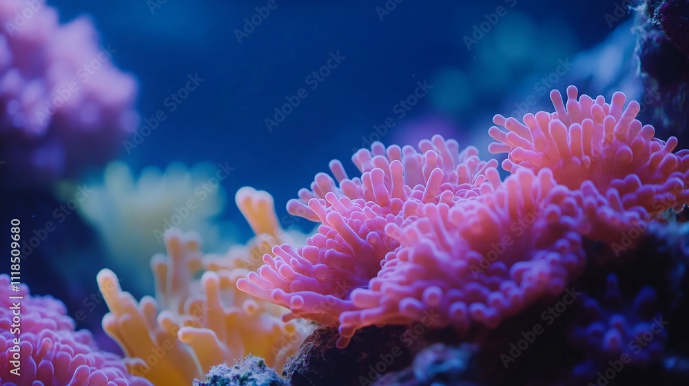 Obraz premium Vibrant coral reef anemones in a vibrant aquarium.